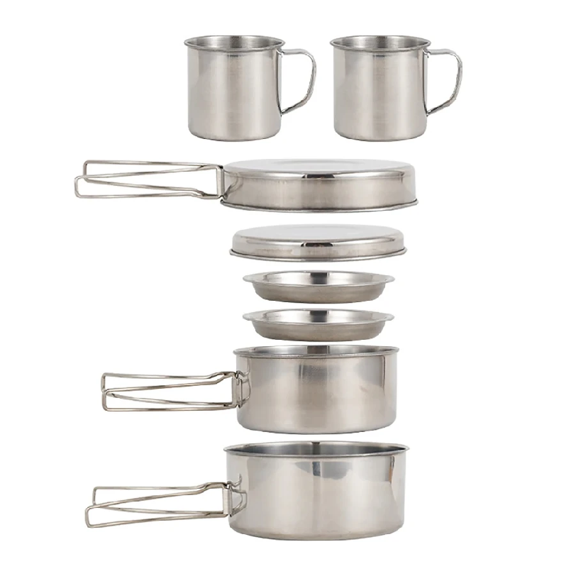 Camping Cooking Kitchen Set - 8個/セット キャンプ調理器具セット ステンレス製調理鍋とフライパンセット プレートとカップ付き アウトドアハイキングバックパッキング用