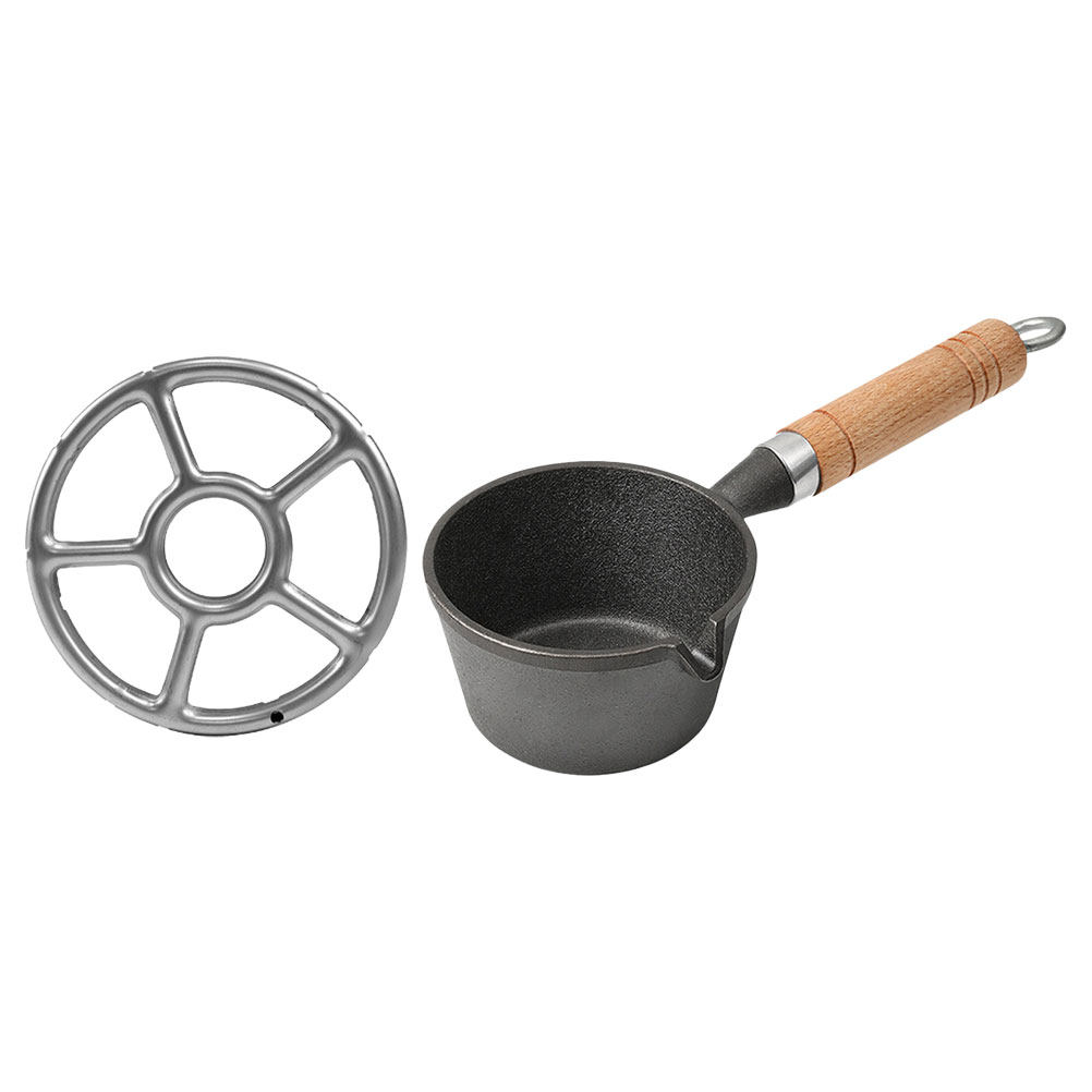 Camping Cooking Top - ミニ鋳鉄製ソースパン型エッグパン、コンロトップキャンプ料理用、ポータブル、軽量、平底、人間工学に基づいた木製ハンドル、高速調理