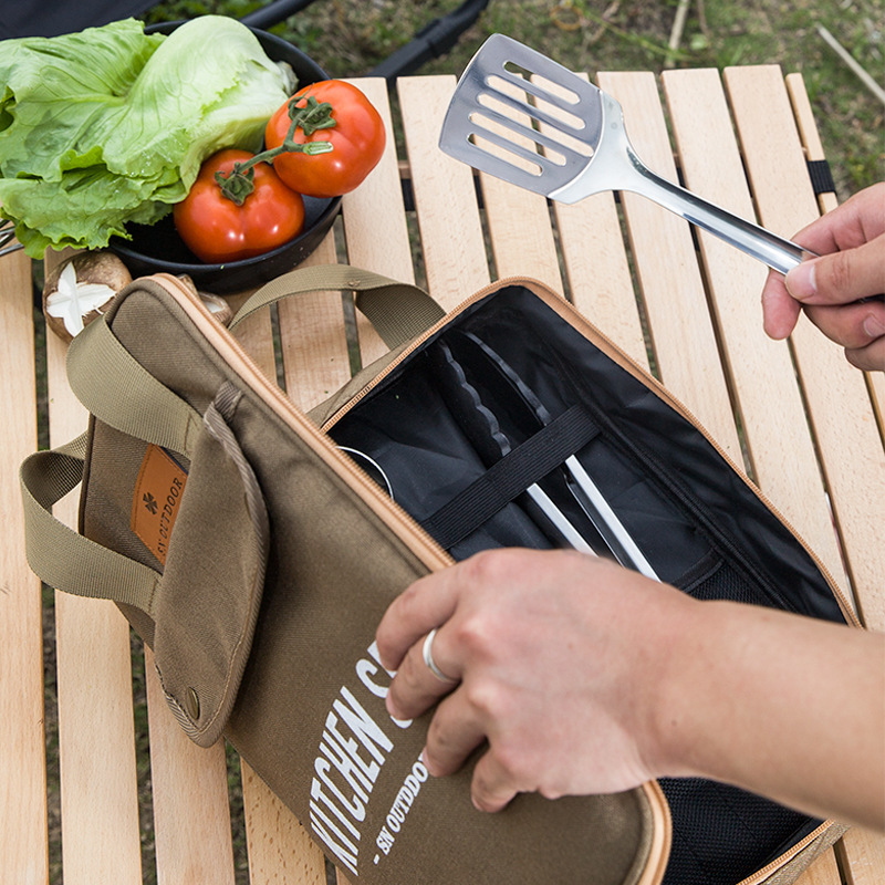 Camping Cooking Kitchen Set - 8 個キャンプキッチン調理器具セットポータブルバッグアウトドア旅行用品収納バッグステンレス鋼調理セットバーベキューピクニック用