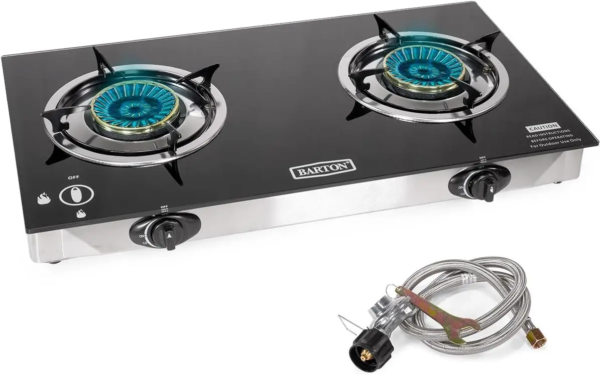 Camping Cooking Top - 2バーナー式プロパンガスストーブ、25,516 BTU ポータブルキャンプ用クックトップ、自動点火機能付き、強化ガラス天板、LPG屋外調理用