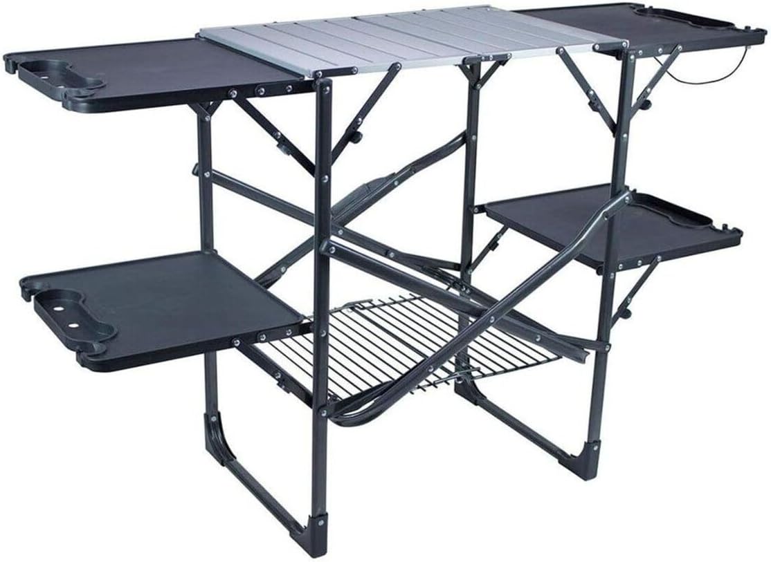 Camping Cooking Top - スリム折りたたみ式ポータブルキャンプキッチンテーブル、耐熱トップサイドシェルフ、収納ラック、ペーパータオルホルダー、ピクニックや屋外調理用クックステーション（ブラック）
