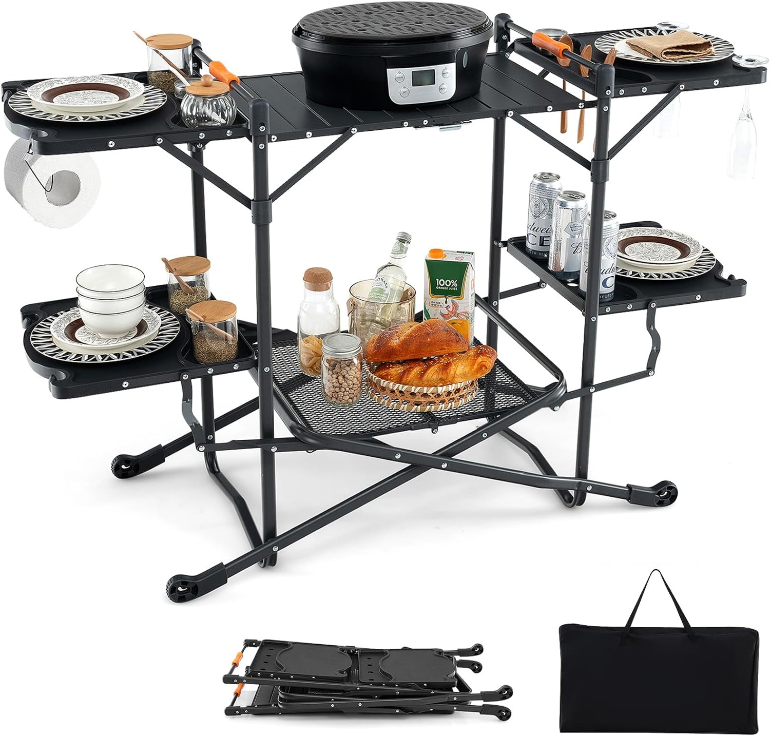 Camping Cooking Top - アルミ製天板、4つのサイドテーブル、収納ラック付きポータブルキャンプクッキングテーブル – ピクニック、テールガット用のクイックセットアップ折りたたみグリルステーション