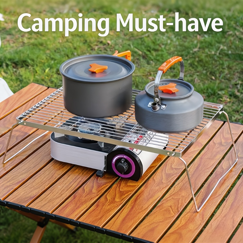 Camping Cooking Equipment - ポータブル折りたたみ式ステンレスキャンプファイヤースタンド – ハイキング、キャンプ、バーベキューグリル、鍋やフライパンの支え、グリッドラックに最適な軽量設計