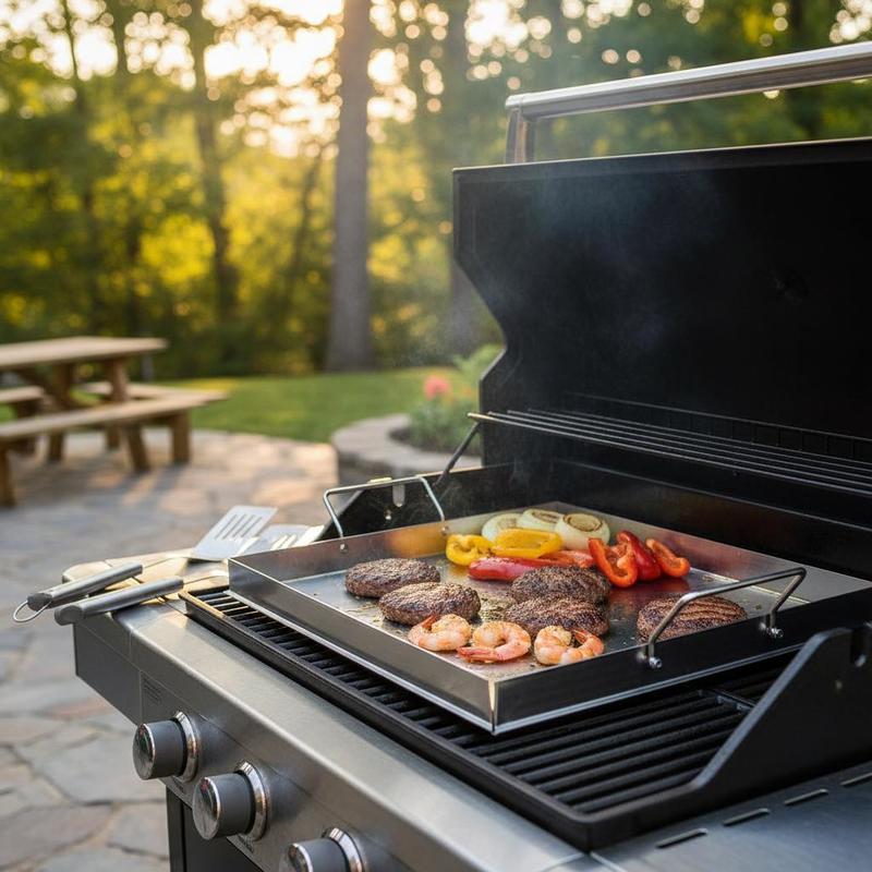 Camping Cooking Top - ユニバーサルフラットトップグリドル 18x16インチ キャンプ、テールゲーティングパーティー用、長方形ホットプレート ファミリー調理器具 内蔵ハンドル ガスグリルアタッチメント