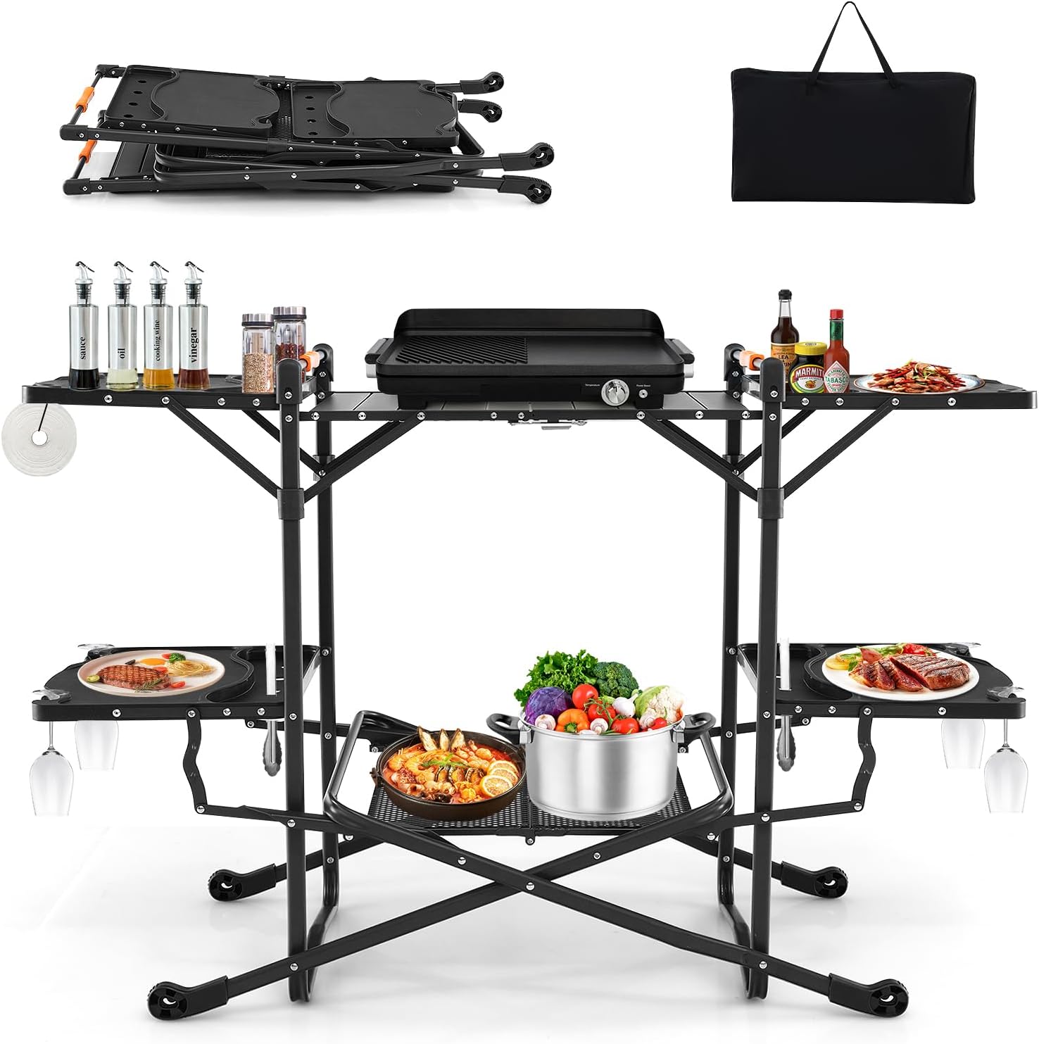 Camping Cooking Top - 耐熱トップ、4つのサイドテーブル、収納ラック付きのポータブル屋外折りたたみ式調理台 – 簡単設置キャンプキッチンセット