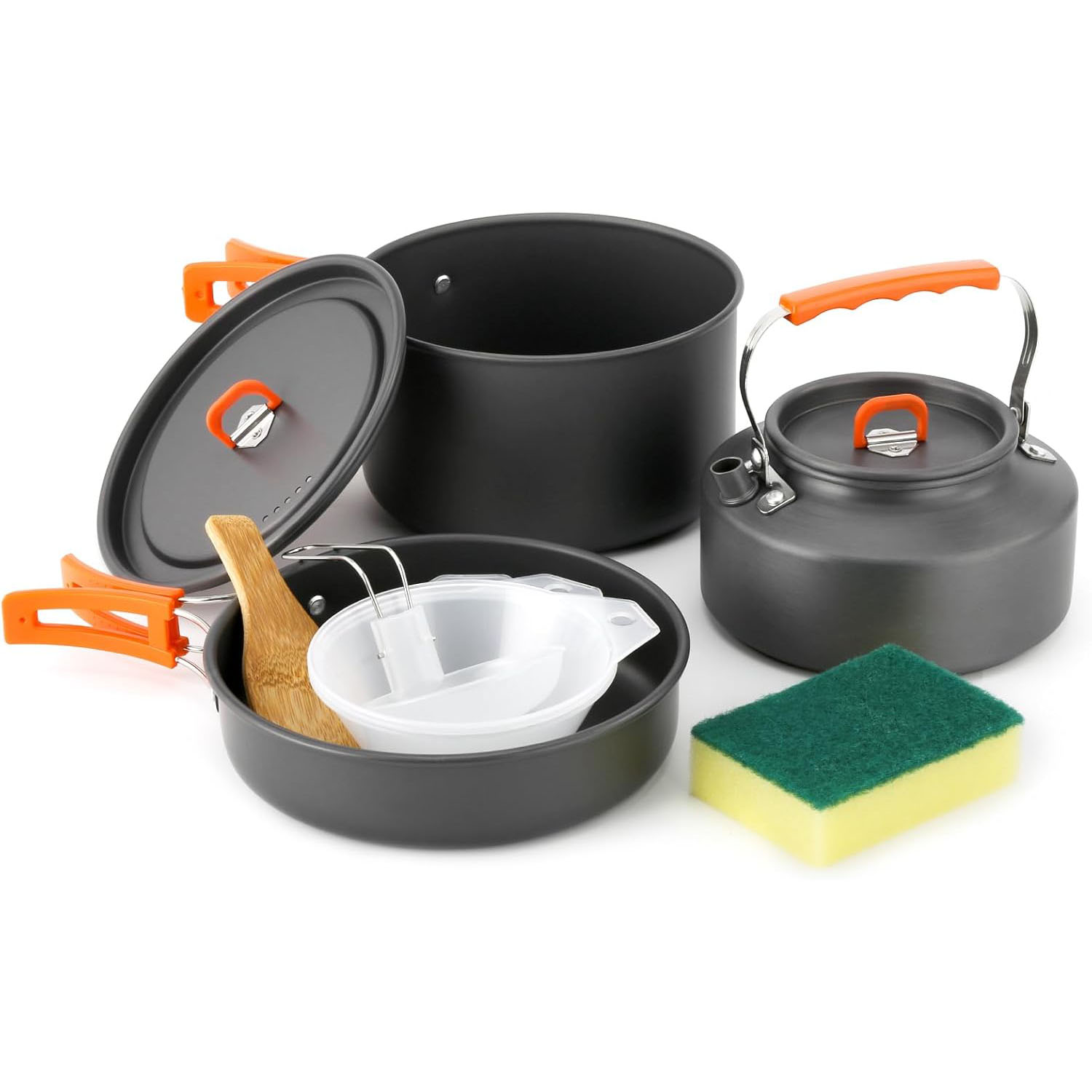 Camping Cooking Top - キャンプ用調理器具 キャンプ用ポットとフライパンセット ケトル付き プラスチックボウルとスープスプーン キャンプ、バックパッキング、アウトドアクッキング、P用