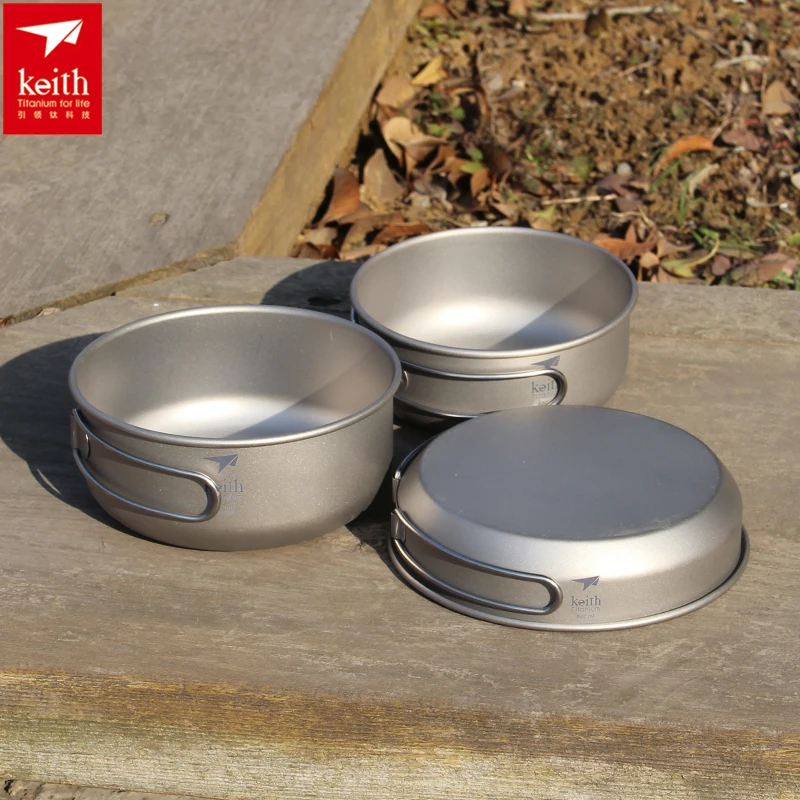 Camping Cooking Equipment - キース 3 個チタン調理器具パンボウルセット折りたたみハンドルクックセット屋外旅行狩猟キャンプ調理セット Ti6053