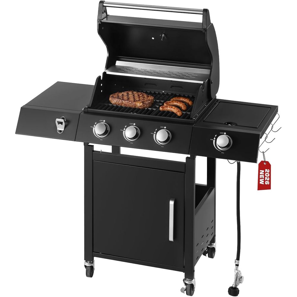 Camping Cooking Top - 3バーナー式プロパンガスグリル（サイドバーナー付き） | トップカバー蓋、屋外調理、パティオ、バルコニー、キャンプ、庭