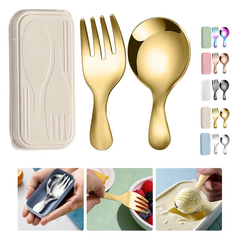 Camping Cooking - ステンレス鋼食器セットスプーンフォーク 2Pc ポータブルボックス付きアウトドアキャンプカトラリーランチハイキングキャンプ調理旅行食器