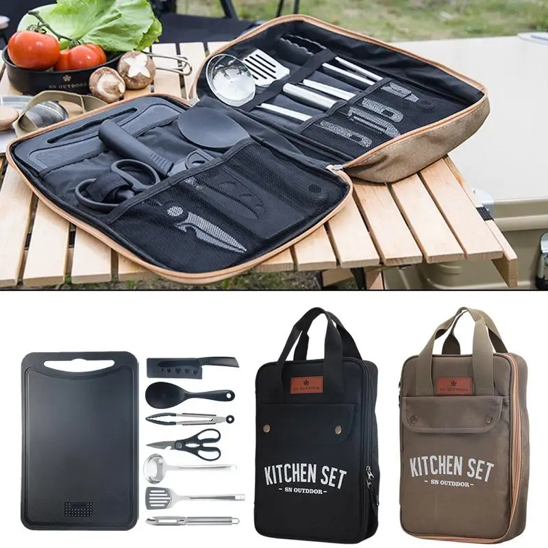 Camping Cooking Kitchen Set - 8点セット キャンプキッチン調理器具セット ポータブル屋外旅行用具 ステンレス製調理・グリルセット バーベキューピクニック用
