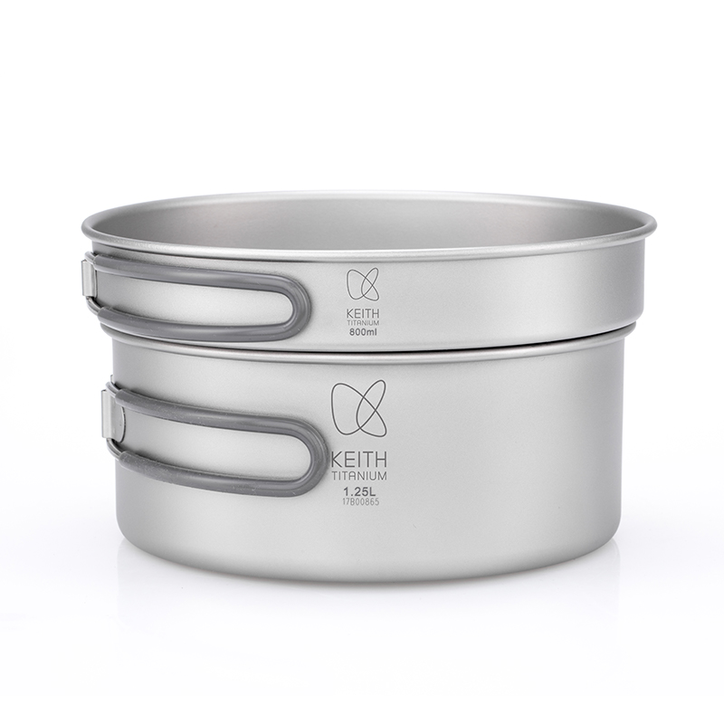 Camping Cooking Kitchen Set - KEITH 純チタン製2ピース調理器具セット（800ml+1250ml）、超軽量ポット＆パン、メッシュバッグ付き、キャンプ、バックパッキング、ハイキング用