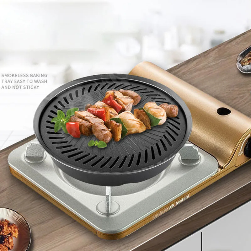 Camping Cooking Top - 韓国の焦げ付き防止バーベキュートレイ、屋外カセットオーブングリルパン、キャンプ用ラウンドポータブル無煙バーベキューツール