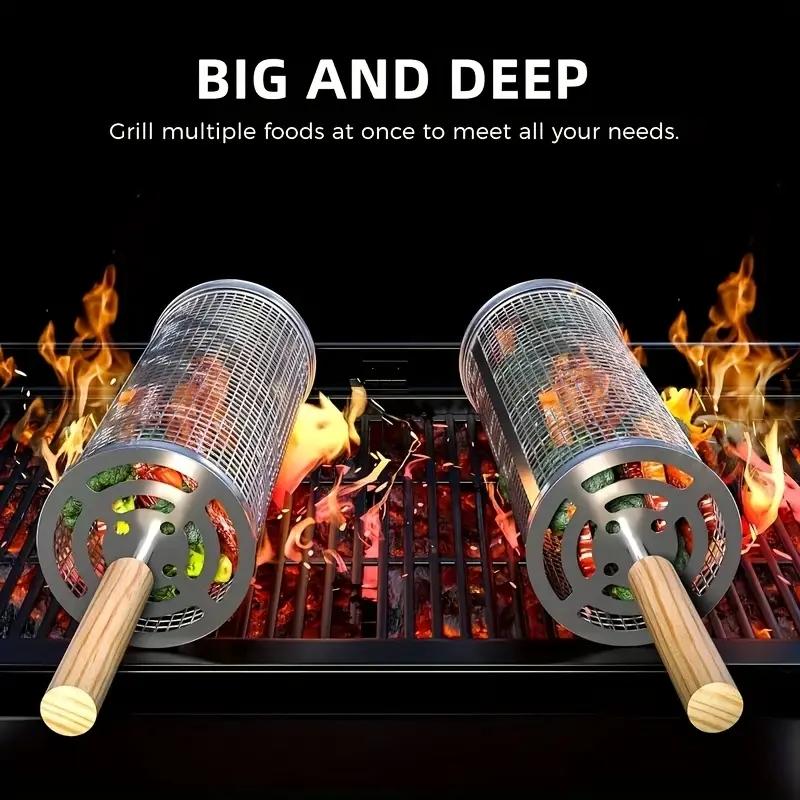 食品グレードのステンレス製丸型回転BBQグリルバスケットセッ - Camping Cooking Bbq のレビューと価格