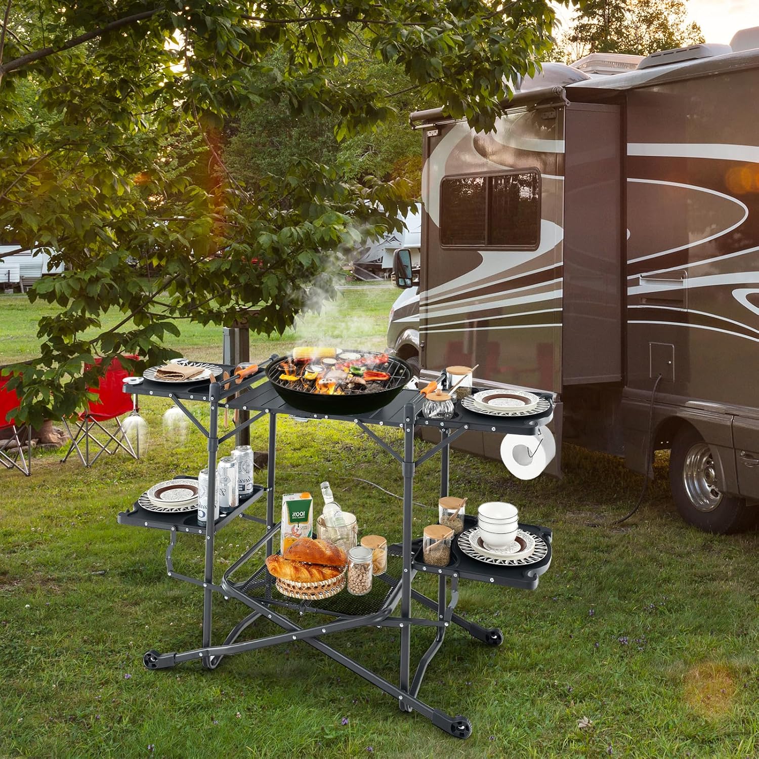アルミ製天板、4つのサイドテーブル、収納ラック付きポータブル - Camping Cooking Top のレビューと価格