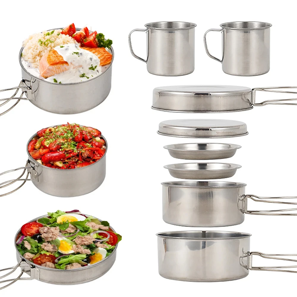 8個/セット キャンプ調理器具セット ステンレス製鍋とフライ - Camping Cooking Kitchen Set のレビューと価格