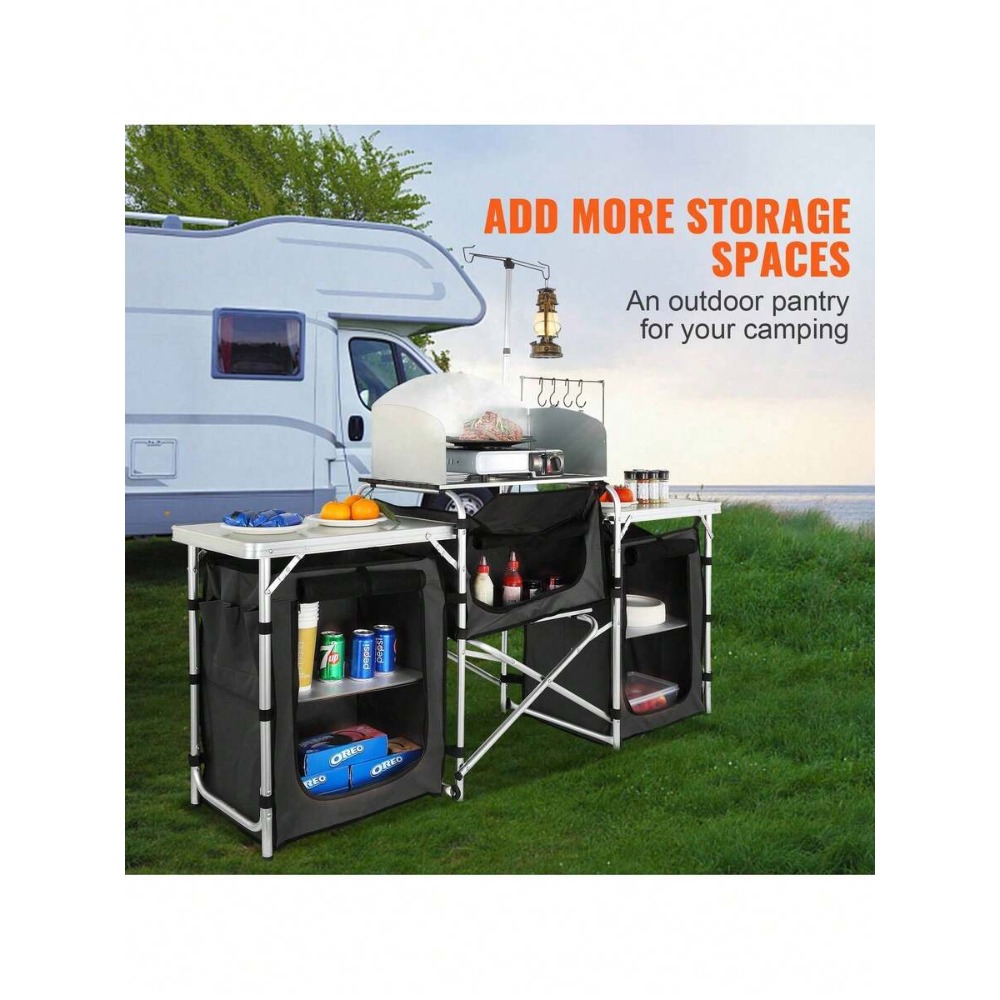 折りたたみ式キャンプキッチンテーブル、3つの収納棚と取り外し - Camping Cooking Must Haves のレビューと価格