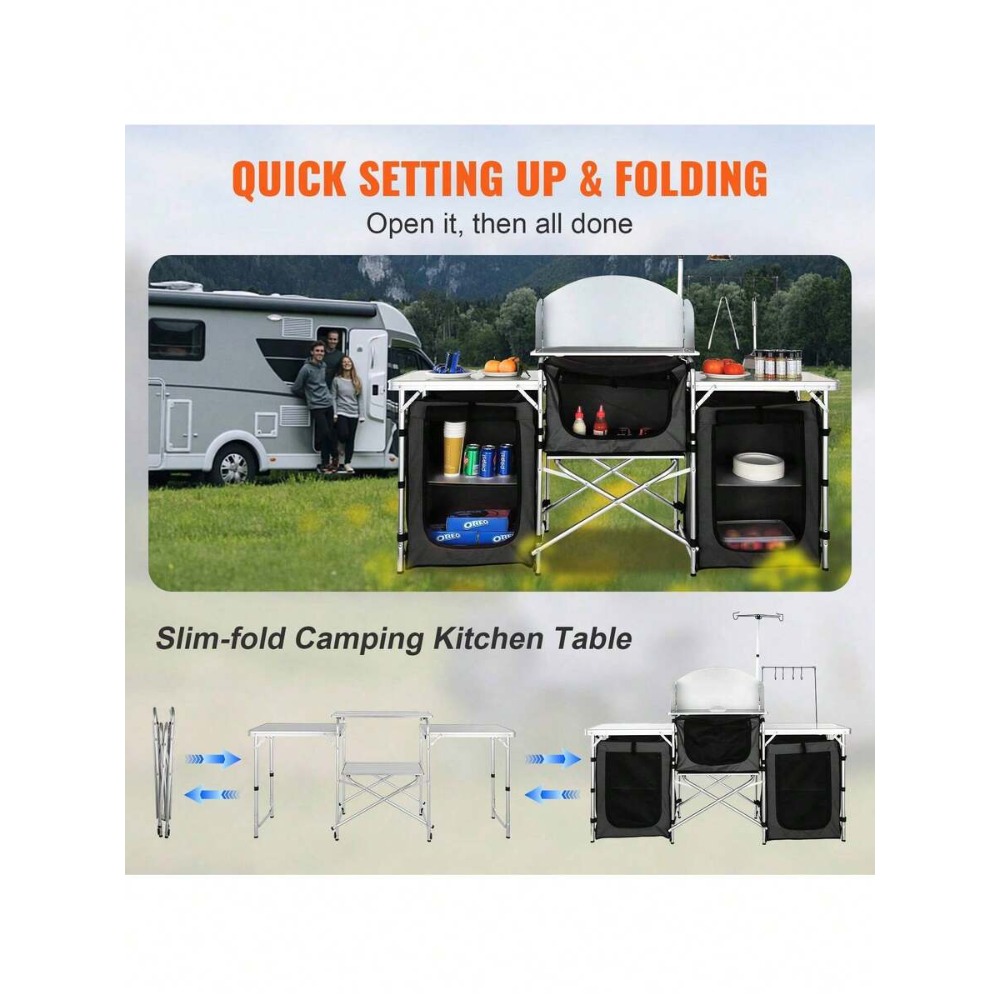 折りたたみ式キャンプキッチンテーブル、3つの収納棚と取り外し - Camping Cooking Must Haves のレビューと価格