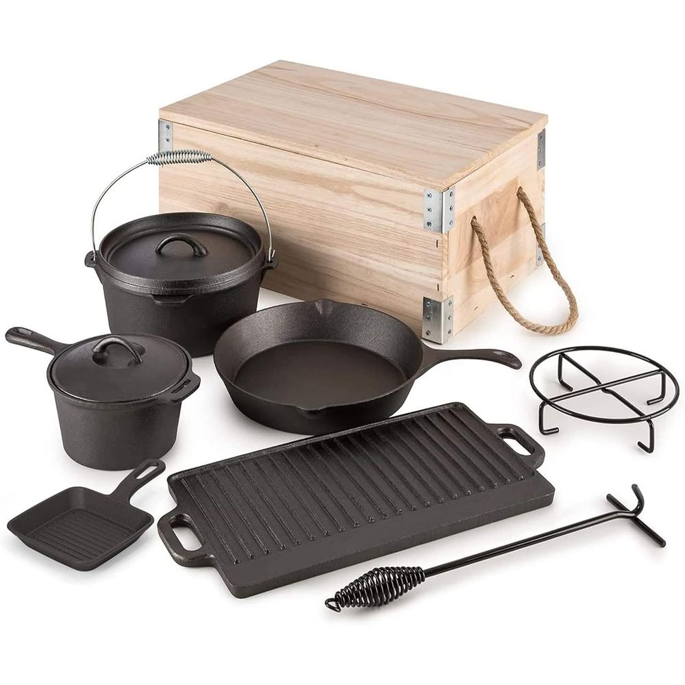 8点セットのプレシーズン加工済みダッチオーブン調理器具セット - Vintage Camping Cooking Set のレビューと価格